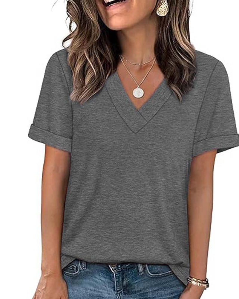 T-Shirt Einfarbig V-Ausschnitt Lässig Kurzarm