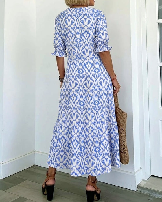 Kleid V-Ausschnitt Halblanger Ärmel Rüsche A-Linie