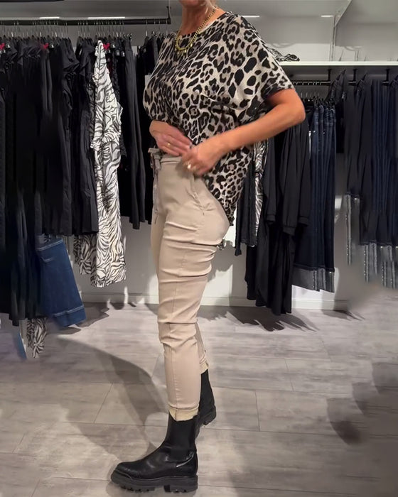 Bluse Rundhals Leopardenmuster Kurzärmlig