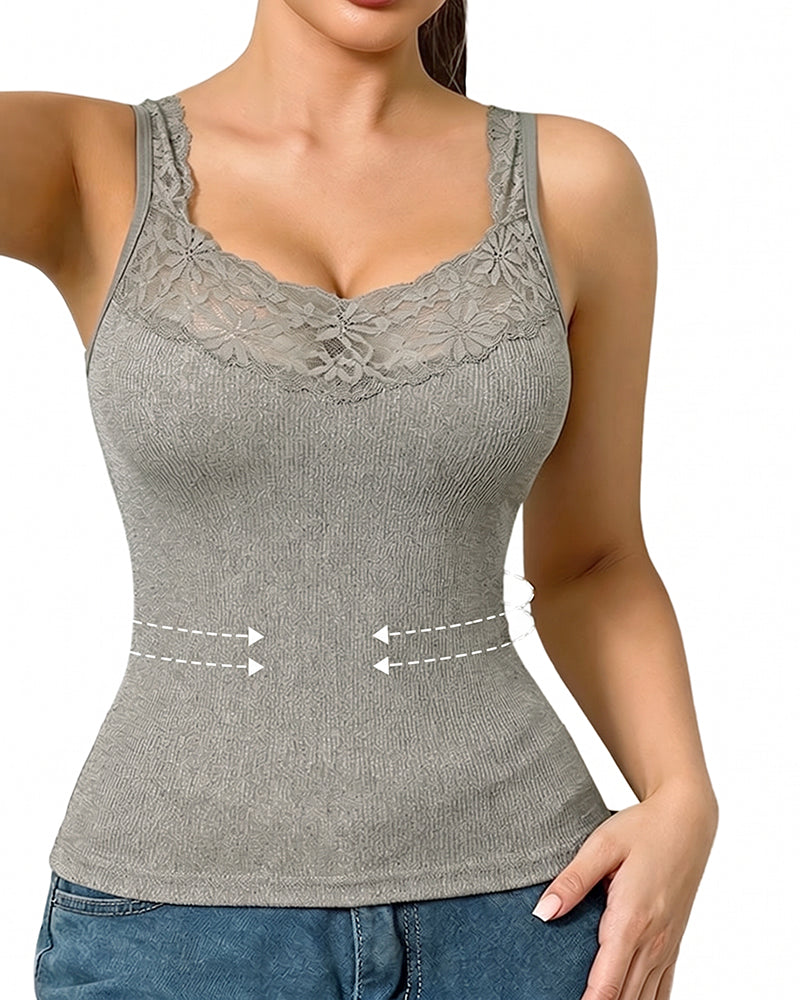 Tank Top Unifarbe V-Ausschnitt Spitze