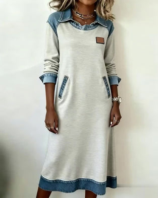 Lässiges Kleid mit Revers aus Denim-Patchwork