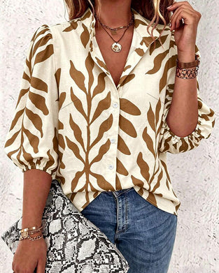 Bluse Stehkragen Blatt Druck