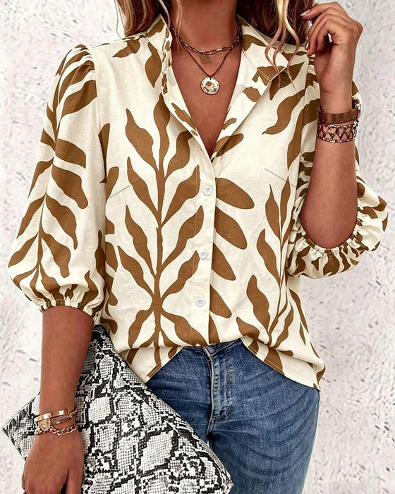 Bluse Stehkragen Blatt Druck
