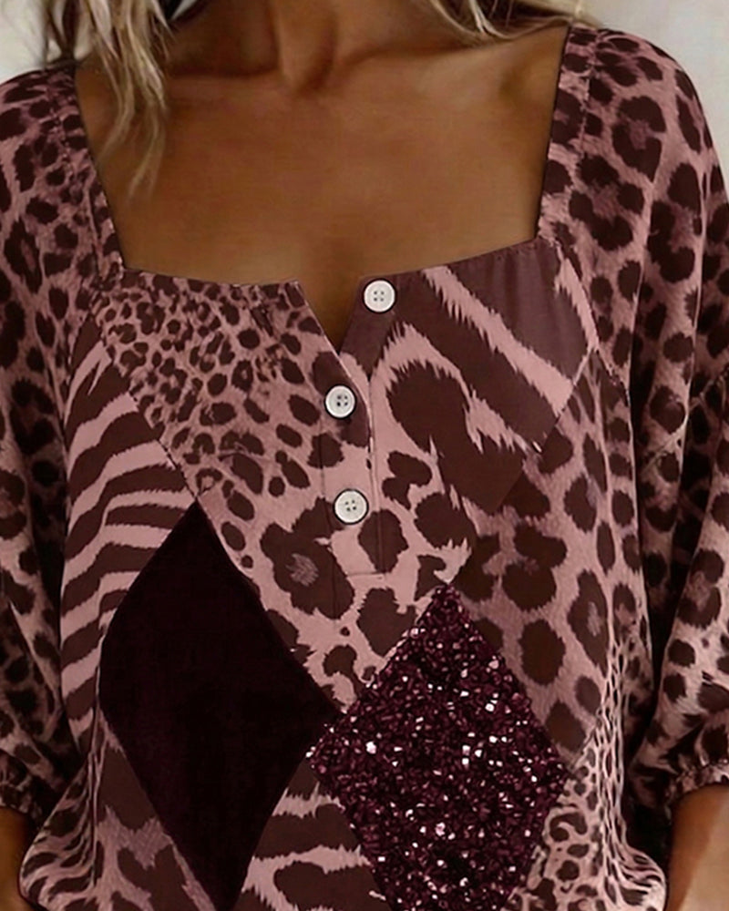Bluse Quadratischer Ausschnitt Leopardenmuster Patchwork Paillette