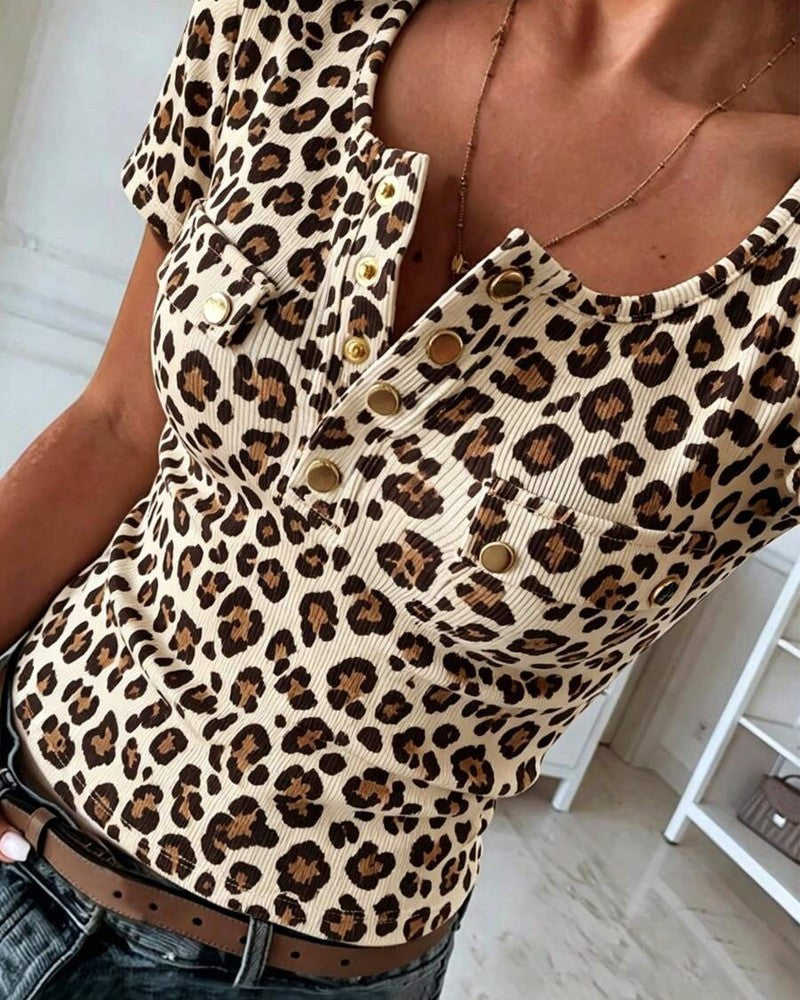 Bluse Henley Ausschnitt Leopard Druck Kurzarm
