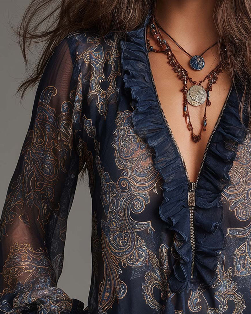 Bluse Halb-Reißverschluss Rüsche Retro