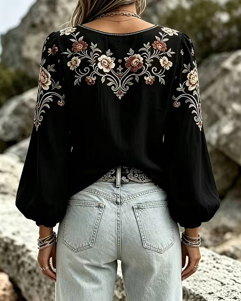 Bluse V-Ausschnitt Blumen Lässig
