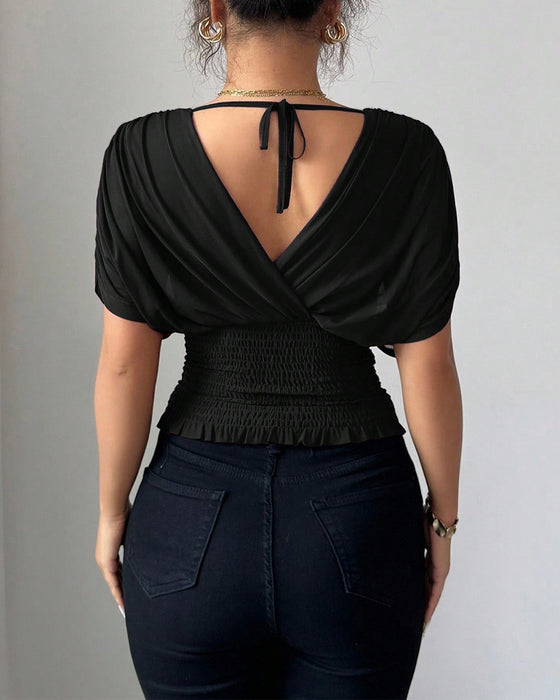Bluse Uni Farbe Tiefer V-Ausschnitt Taille Kurzarm