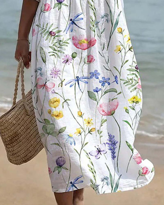 Kleid Kurzarm Blumen Rundhals A-Linie