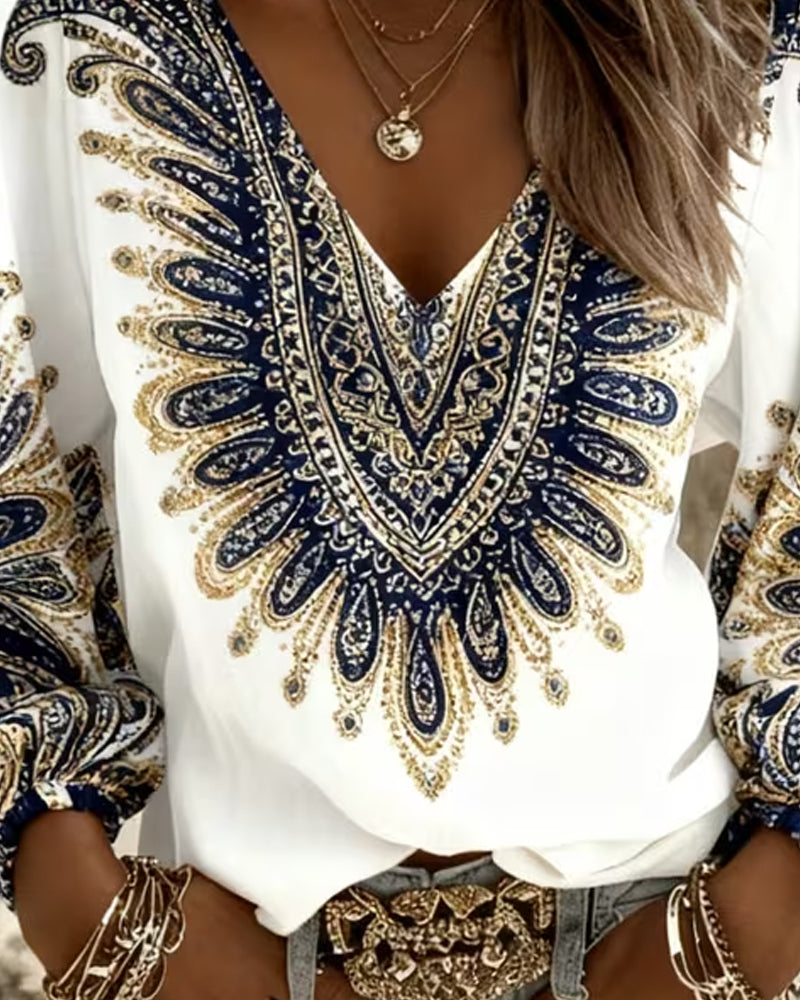 Top Mit V-Ausschnitt Und Retro-Print