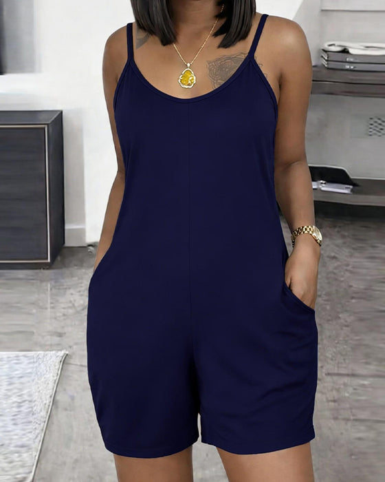 Unifarbener Ärmelloser Jumpsuit Mit U-Ausschnitt Und Tasche