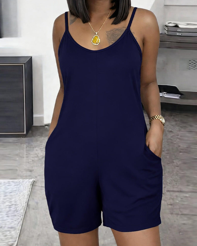 Unifarbener Ärmelloser Jumpsuit Mit U-Ausschnitt Und Tasche
