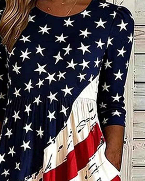 Bedrucktes Kleid Mit Rundhalsausschnitt Midi-Länge
