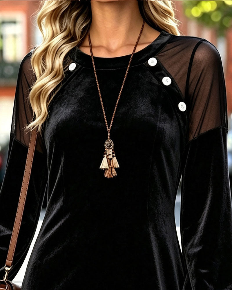 Kleid Rundhalsausschnitt Knopf Sheer A-Linie