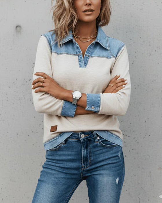 Sweatshirt Modisch Revers Colorblock Genaht