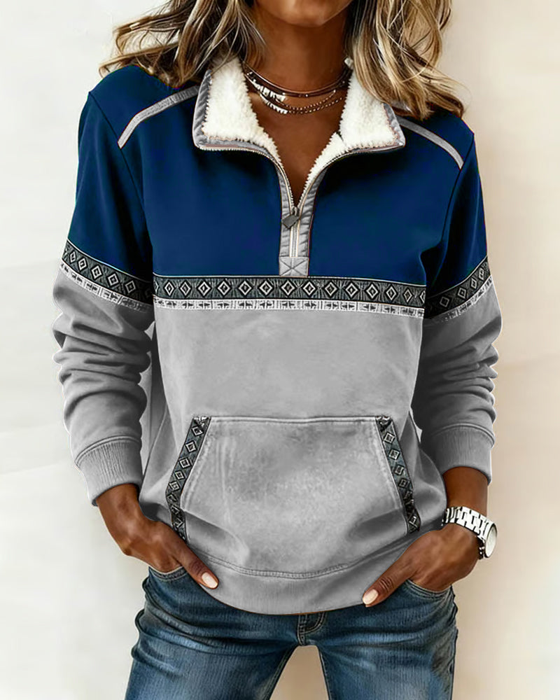 Retro-Sweatshirt mit Color-Blocking und Pelzkragen