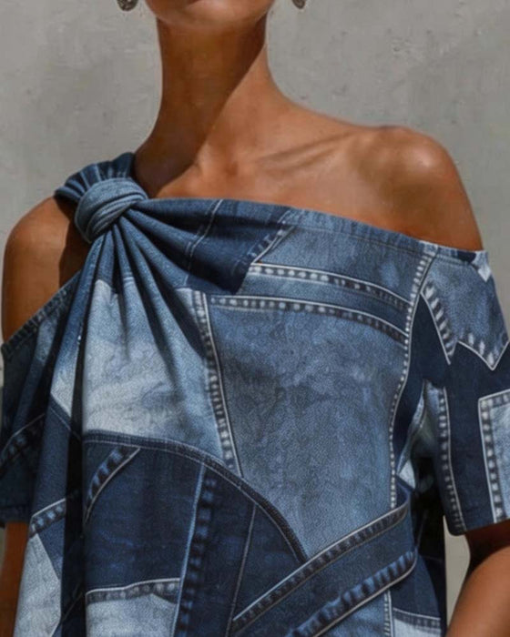 Bluse Ein-Schulter Twist Knoten Patchwork