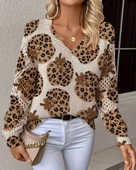 Pullover Leopard Kürbis V-Ausschnitt Ausgeschnitten