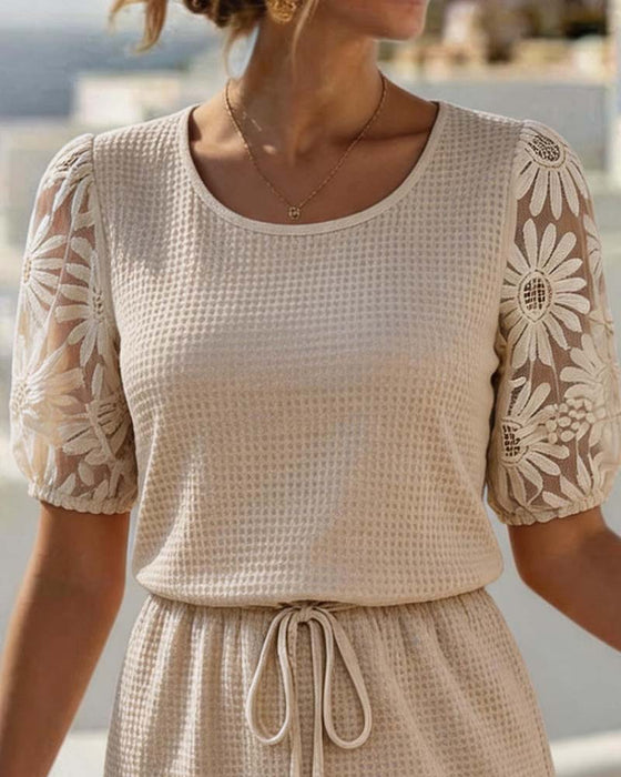 Kleid Waffel Strick Patchwork Gänseblümchen Spitze