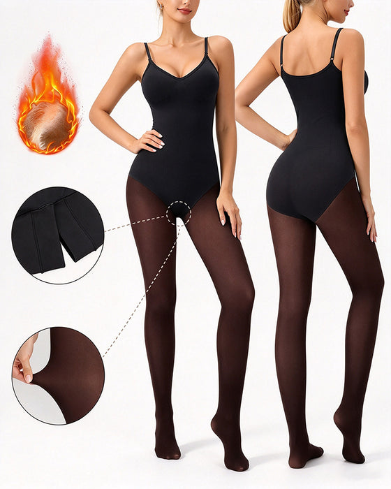 Transparentes Panel Mit Fleece-Gefütterter Strumpfhose Stay-Warm Bauchkontrolle Sheer-Effekt Strumpfhose Bodysuit Schwarz Basic