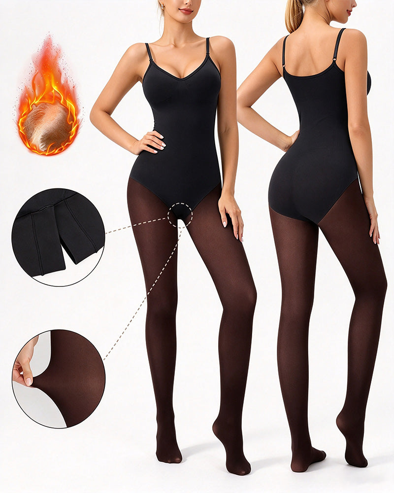 Transparentes Panel Mit Fleece-Gefütterter Strumpfhose Stay-Warm Bauchkontrolle Sheer-Effekt Strumpfhose Bodysuit Schwarz Basic