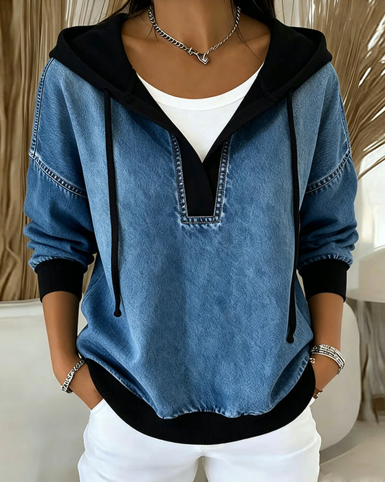 Hoodie Farbblock V-Ausschnitt Kordelzug