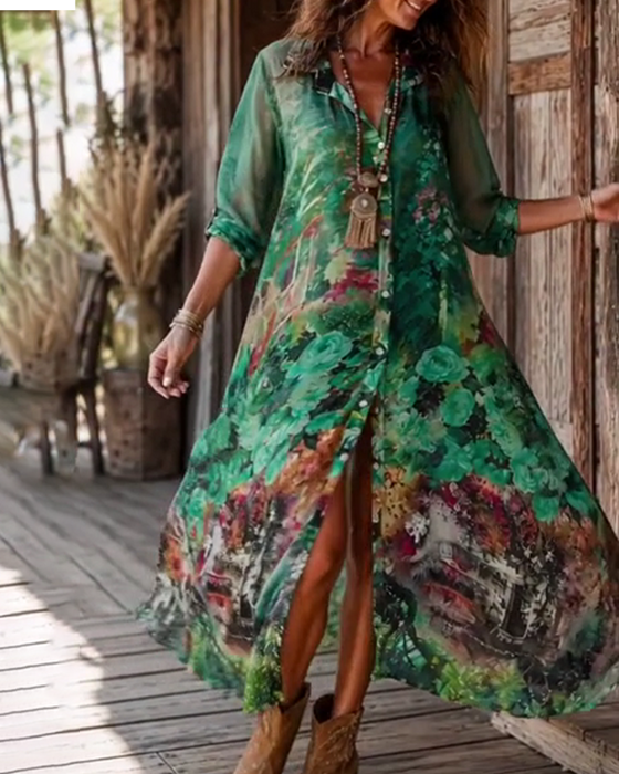 Kleid Hemdkragen Schlitz Blumen