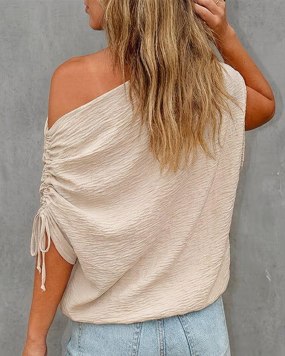 Bluse Uni Farbe Kordelzug Ein Schulter