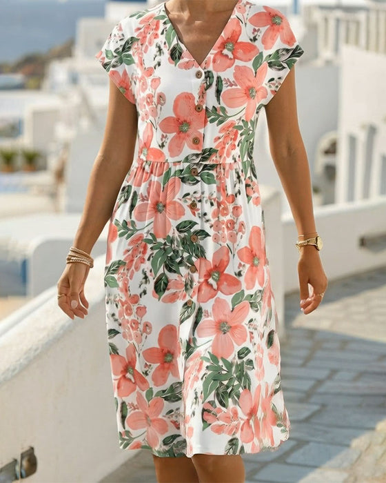 Kleid Blumendruck V-Ausschnitt Kurzarm
