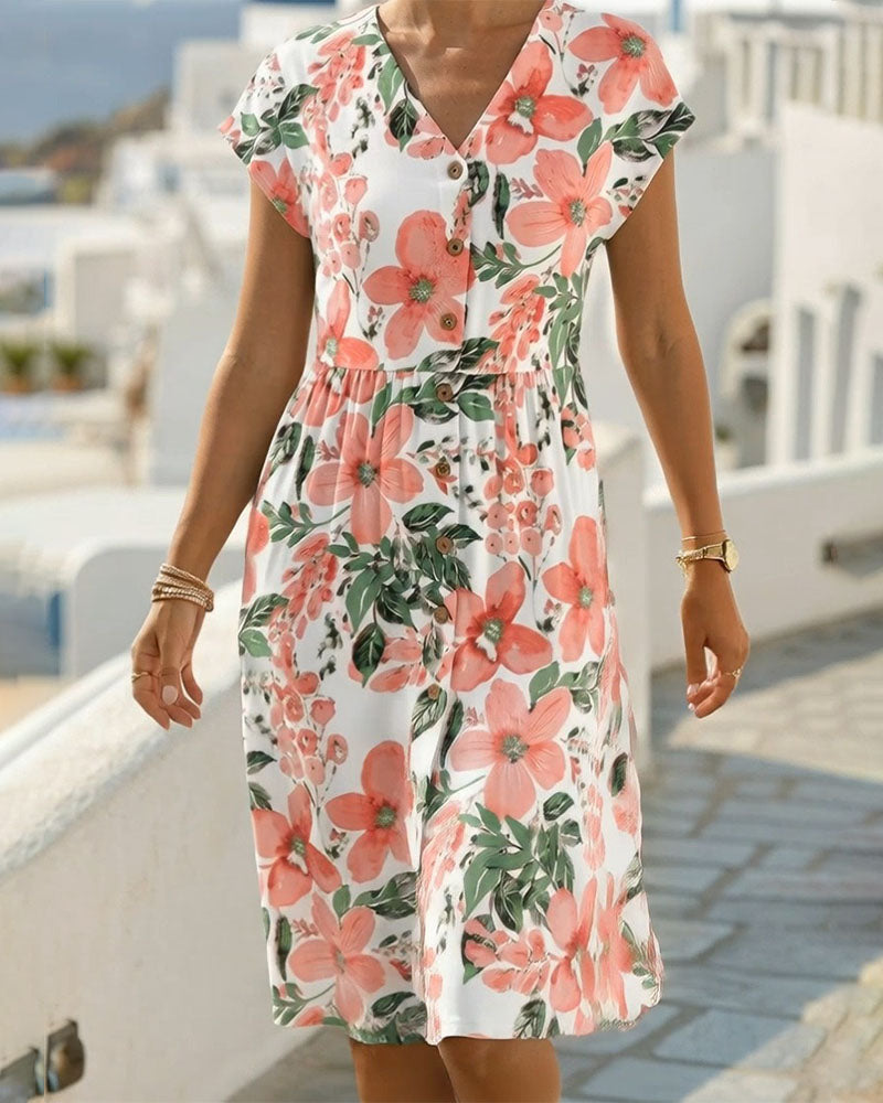 Kleid Blumendruck V-Ausschnitt Kurzarm