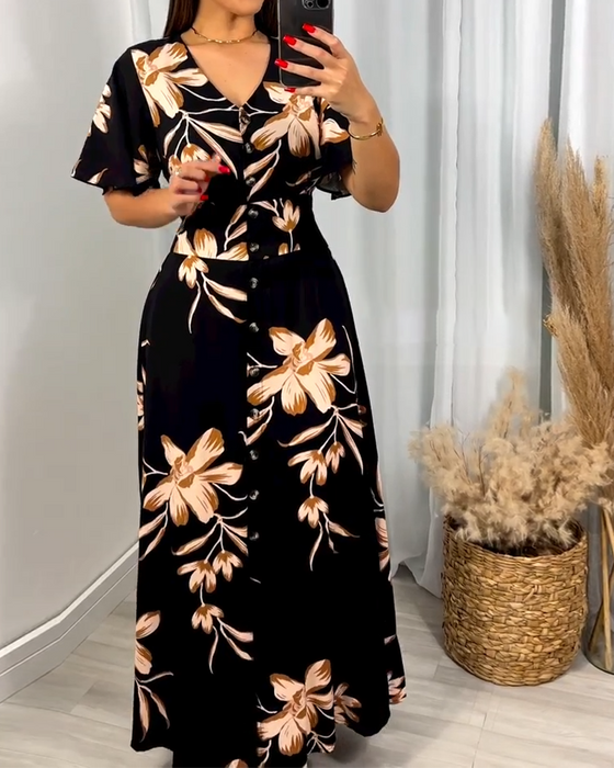 Kleid V-Ausschnitt Blumendruck Taille