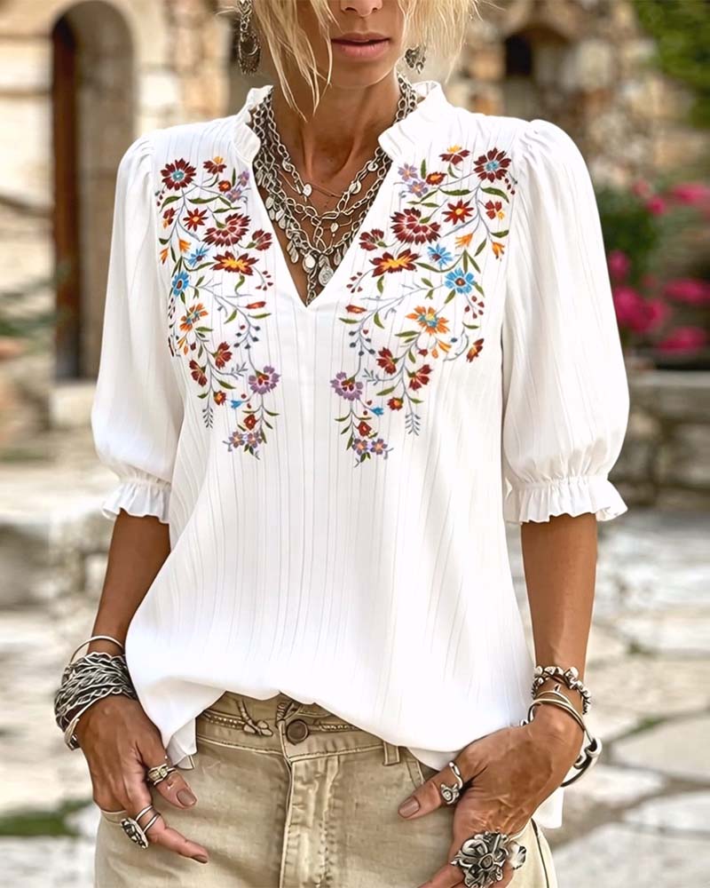 Bluse Rüsche Besatz Print Lässig