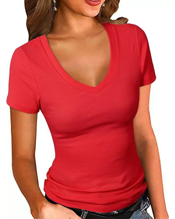 T-Shirt Gerippt Slim Fit V-Ausschnitt Kurzarm