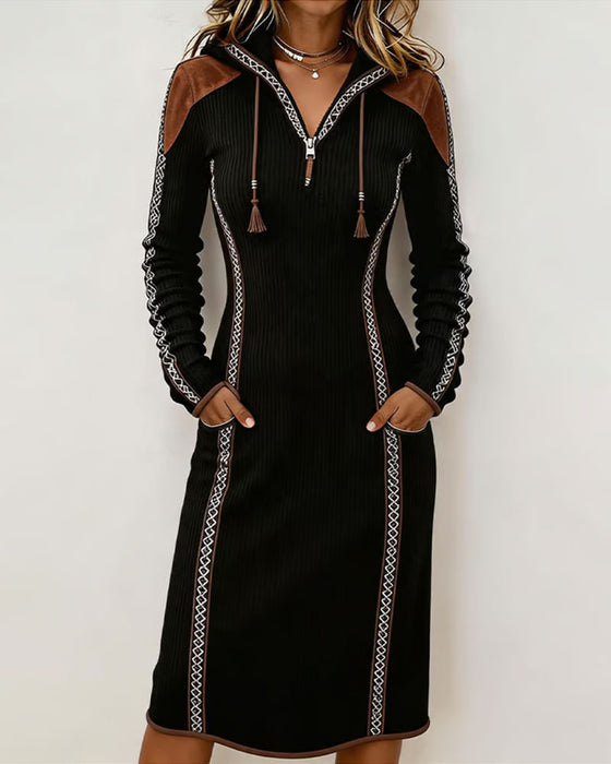 Kleid Mit Kapuze Patchwork Gerippt Schnürung