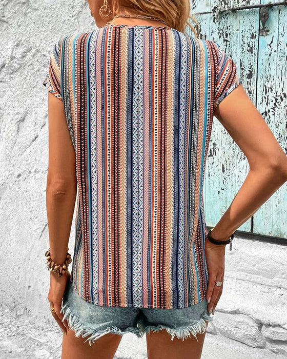 T-Shirt bunte gedruckte Spitze V-Ausschnitt