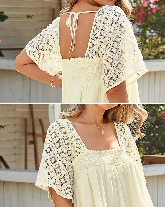 Kleid Quadratischer Ausschnitt Spitze Patchwork Einfarbig