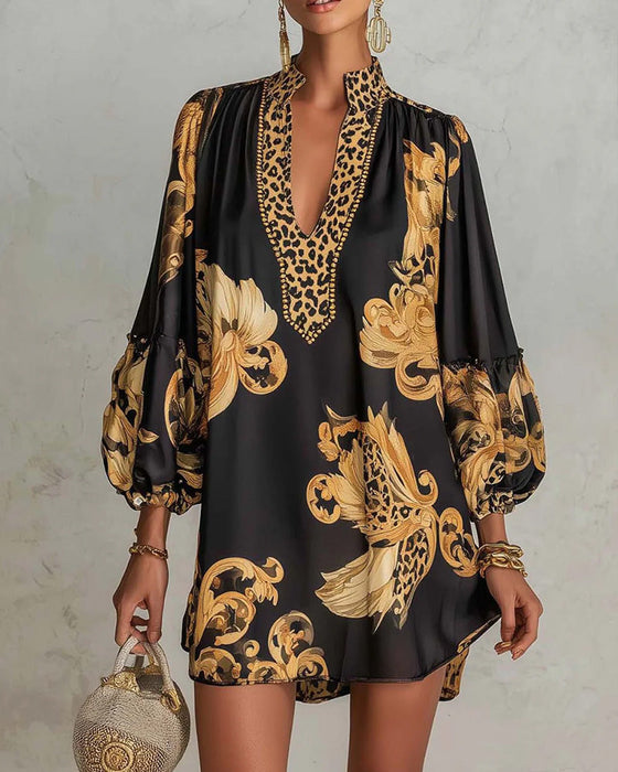Kleid Leopard Laterne Ärmel Stehkragen Druck