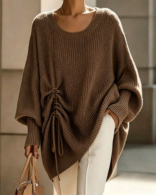 Pullover Rundhals Kordelzug Locker Uni Gestrickt