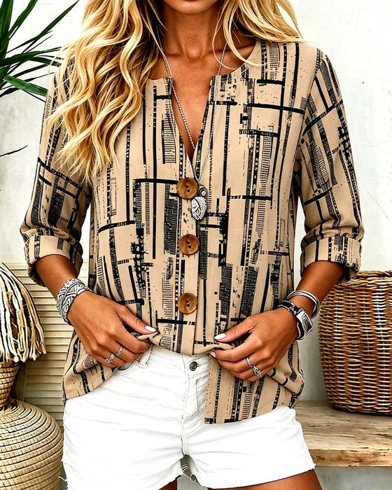 Bluse V-Ausschnitt Knopfleiste Gestreift