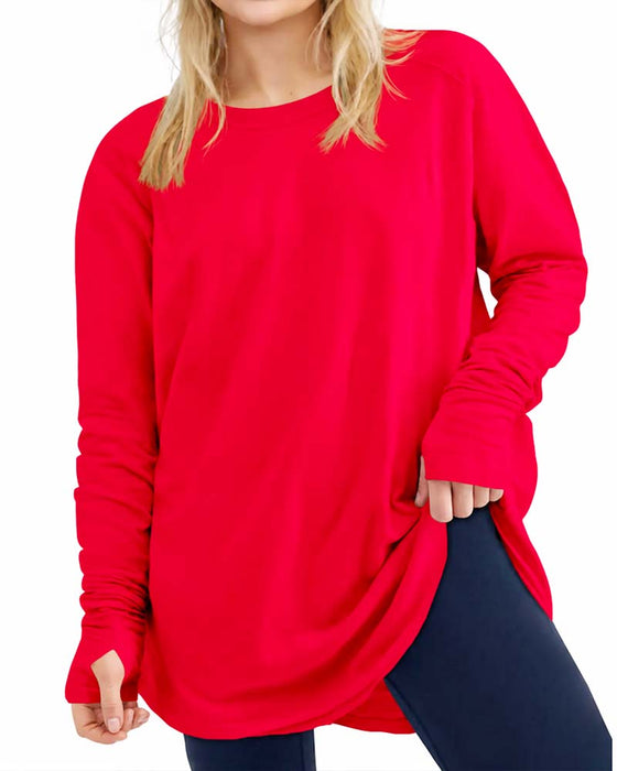 T-Shirt Rundhals Langarm Unifarben Locker