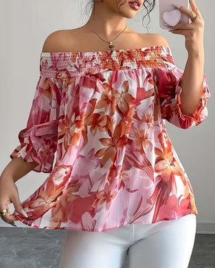 Bluse Off-Shoulder Print Puffärmel