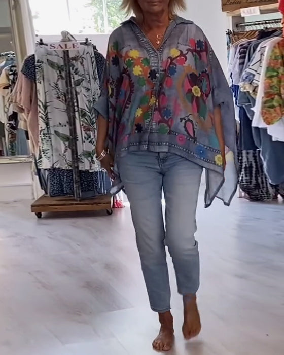 Blouse Unregelmäßiger Druck Gefälschter Denim