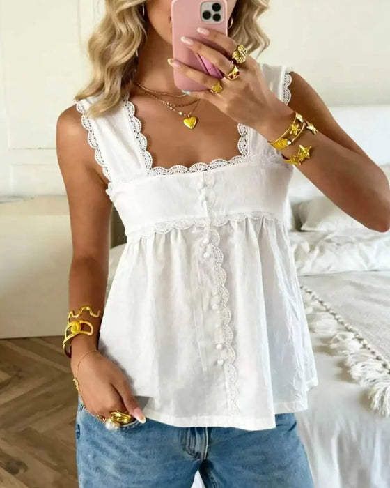 Tank Top Einfarbig Quadratischer Ausschnitt Spitze