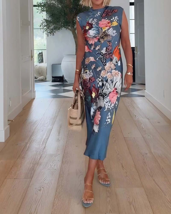 Kleid Hoher Hals Ärmellos Blumig Tailliert