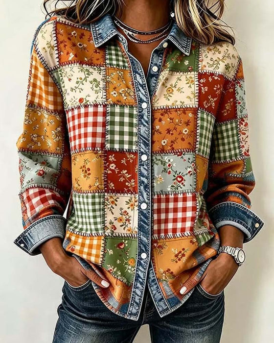 Oberteil Kragen Karo Denim Patchwork