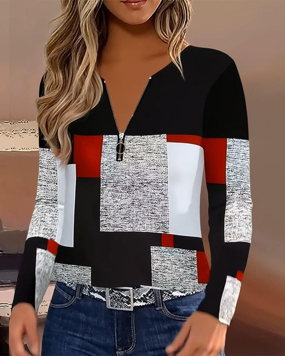 Bedrucktes Casual T-Shirt mit V-Ausschnitt und Reißverschluss