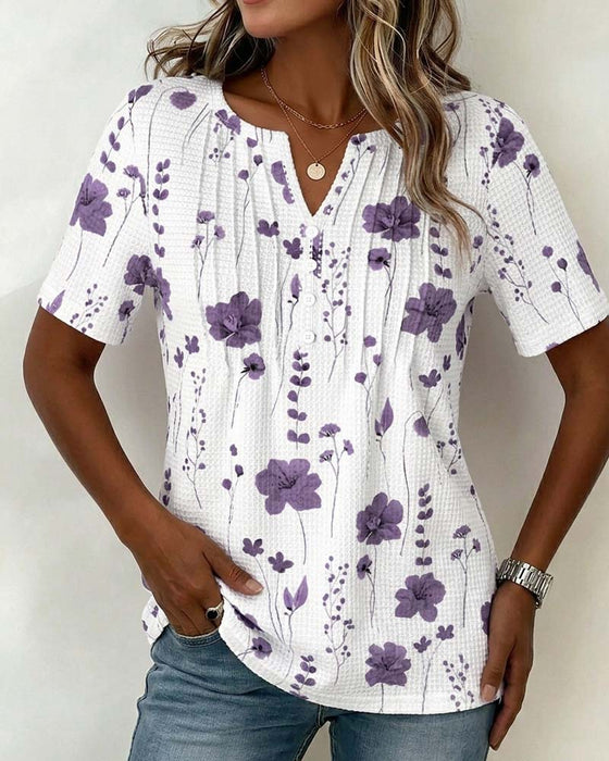 T-Shirt Waffel V-Ausschnitt Blumen