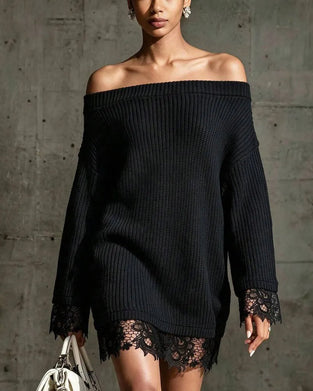 Pulloverkleid Off-Shoulder Gerippt Spitze Patchwork