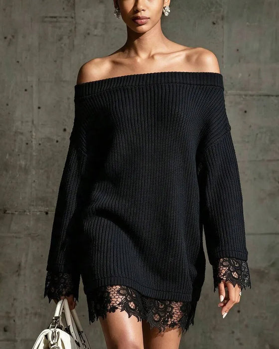 Pulloverkleid Off-Shoulder Gerippt Spitze Patchwork