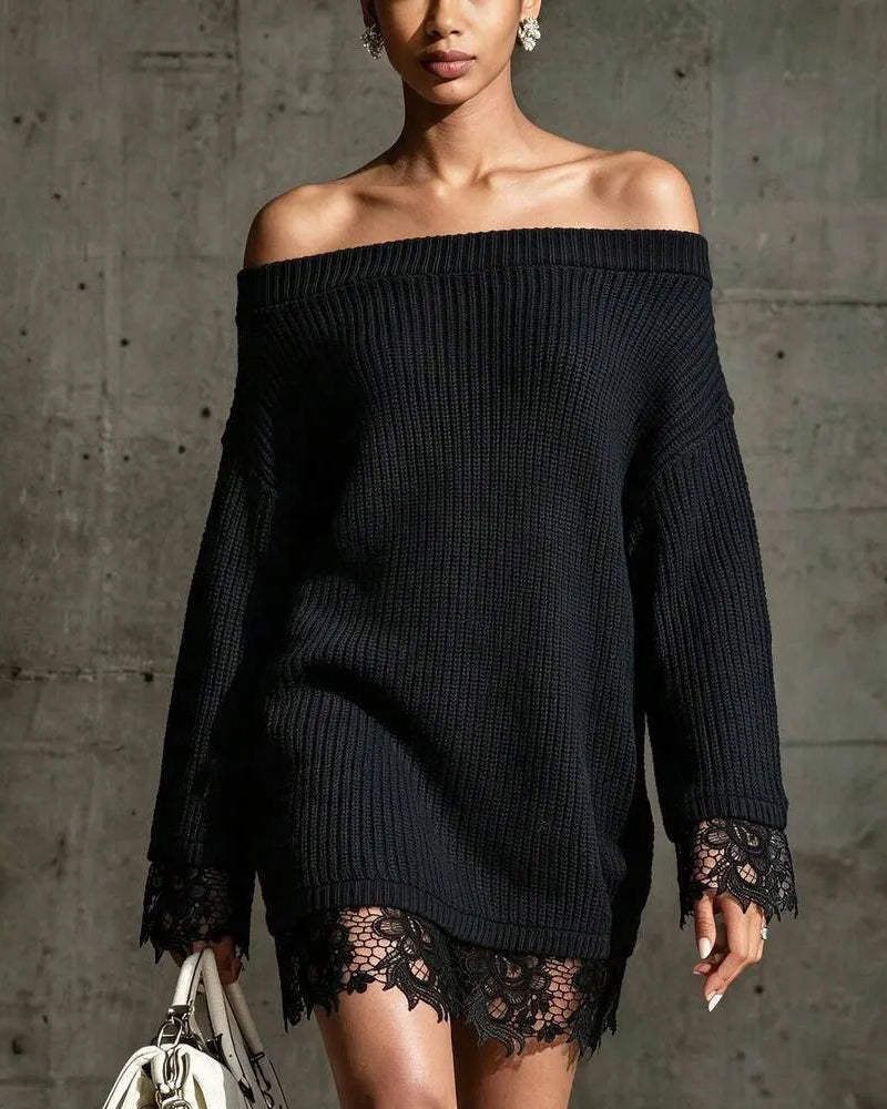 Pulloverkleid Off-Shoulder Gerippt Spitze Patchwork